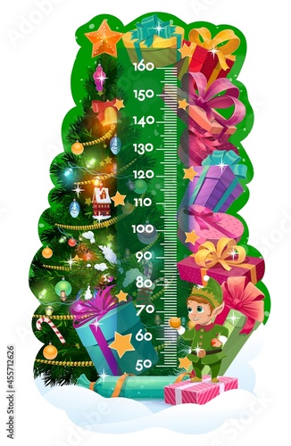 Kids height chart, Christmas tree, gifts and cute elf. Vector children stadiometer or growth measure meter with cartoon background of Xmas tree, present boxes, ribbon bows and stars with ruler scale