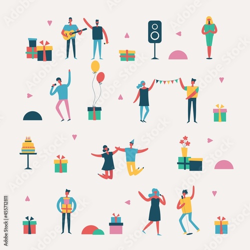 Vector set in a flat style of group of happy friends celebrating birthday at the party.