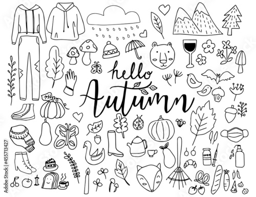 Hello autumn doodle,line hand drawn,hand lettering vector illustration.