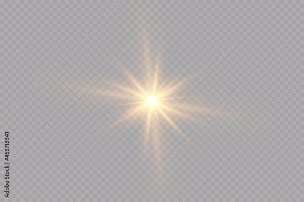 A set of light effects, golden stars, the sun is shining. sparkling particles.