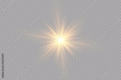 A set of light effects, golden stars, the sun is shining. sparkling particles.