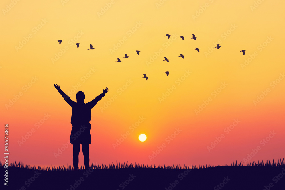 Woman rising hands and birds flying on sunset sky at nature field abstract background. Freedom feel good and travel adventure concept. Woman rising hands and birds flying on sunset sky at nature field abstract background. Freedom feel good and travel adventure concept.