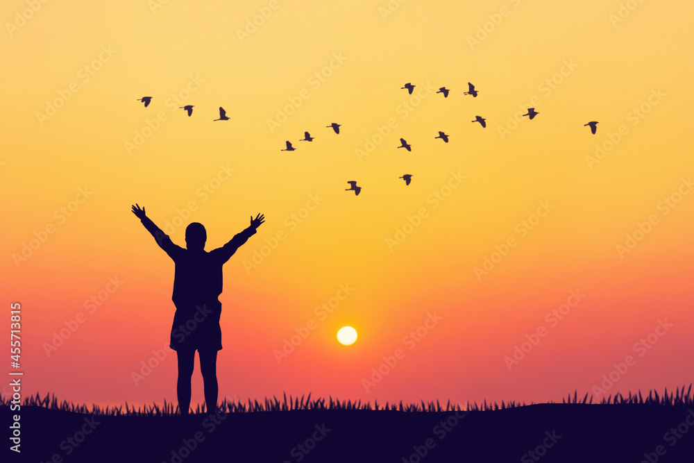 Woman rising hands and birds flying on sunset sky at nature field abstract background. Freedom feel good and travel adventure concept.