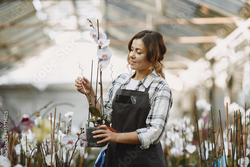 Woman in a blue shirt working in a greenhouse