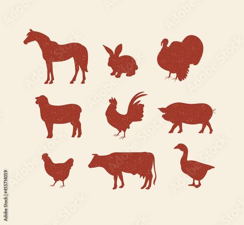 Vector set illustration red sketch silhouettes farm animals. A Collection of pig, cow, horse, lamb and birds.