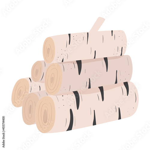 Hand drawn pile of birch logs isolated on white background. Frewood for fireplace or bonfire. Stack of chopped wood vector illustration with texture