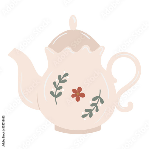 Cute cottage style ceramic teapot with branches and flower decor. Vintage porcelain kettle for tea. English tableware. Hand drawn vector illustration.