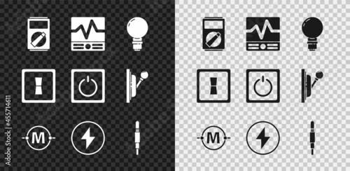 Set Multimeter, Electrical measuring instruments, Light bulb with concept of idea, circuit scheme, Lightning bolt, Audio jack, light switch and icon. Vector