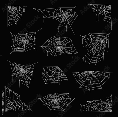 White sticky cobweb and spider web. Halloween holiday vector decorations, horror background or creepy corners set with hanging scary spider webs, poisonous insect or bug trap