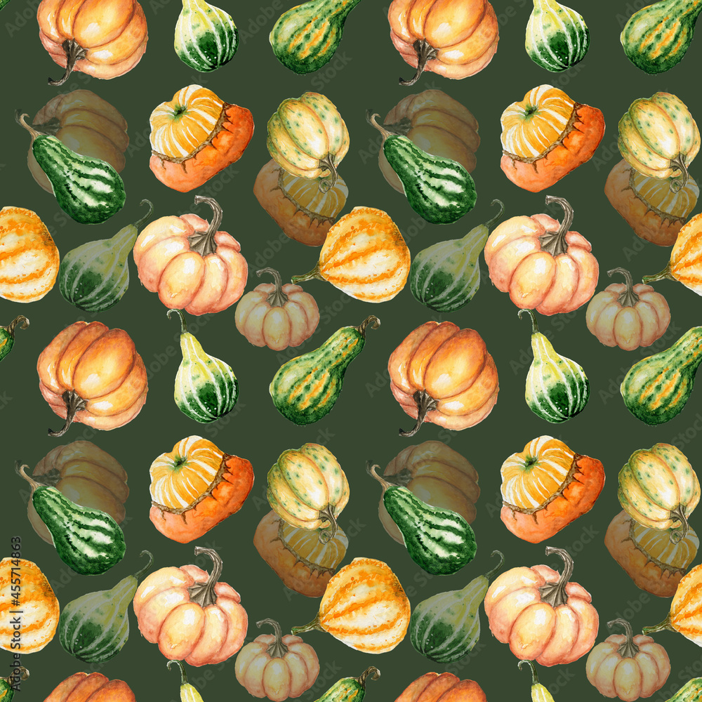 Pumpkin pattern. Watercolor seamless autumn background. Fall pumpkins on green background. Hand painted texture. Thanksgiving. Perfect for wallpapers, textile, postcards, greetings, invitations Pumpkin pattern. Watercolor seamless autumn background. Fall pumpkins on green background. Hand painted texture. Thanksgiving. Perfect for wallpapers, textile, postcards, greetings, invitations