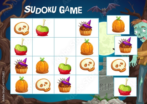 Child sudoku game with halloween treats. Kids logical exercise, children puzzle playing activity. Cartoon vector cookie with skull icing, chocolate muffin and apple, pumpkin candy, zombie and bat
