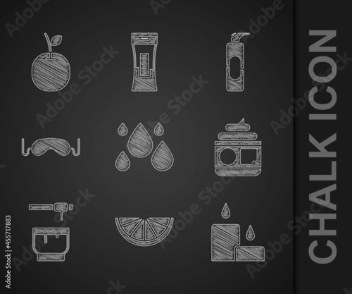 Set Water drop, Citrus fruit, Burning candle, Cream or lotion cosmetic tube, Honey dipper stick bowl, Eye sleep mask, Spray for hairspray and Apple icon. Vector