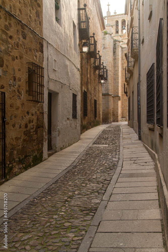 Callejon o Calle Pequeña en la ciudad de Caceres, comunidad autonoma de Extremadura, pais de España o Spain