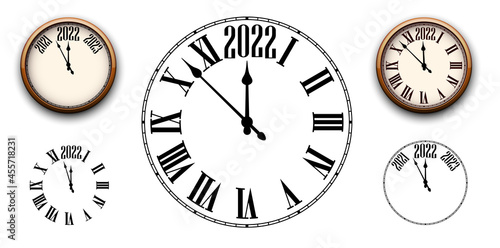 Set of clocks showing 2022 year.