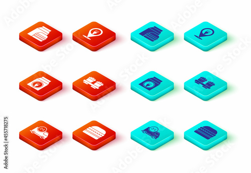 Set Fast delivery by car, Burger, Online ordering and, Coffee cup to go, Cafe restaurant location and burger icon. Vector