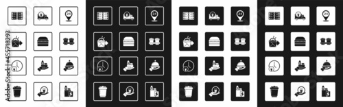 Set Round the clock delivery, Burger, Online ordering noodles, Restaurant cafe menu, Coffee cup to go, Fast by car, Covered with tray food and icon. Vector