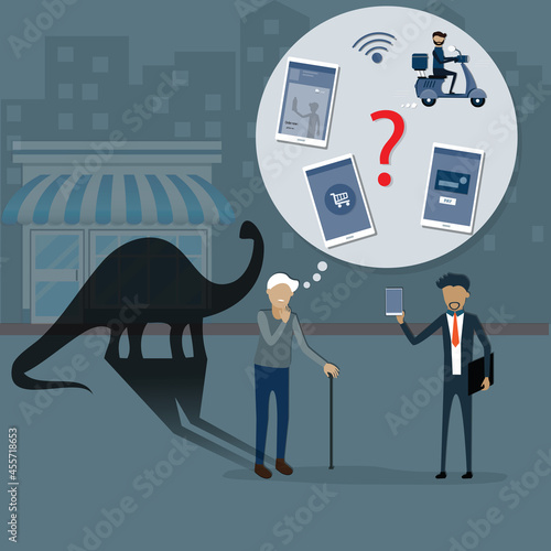 Flat design business survival concept,The old business owner do not adaptation had to chance disappeared like a dinosaur - vector