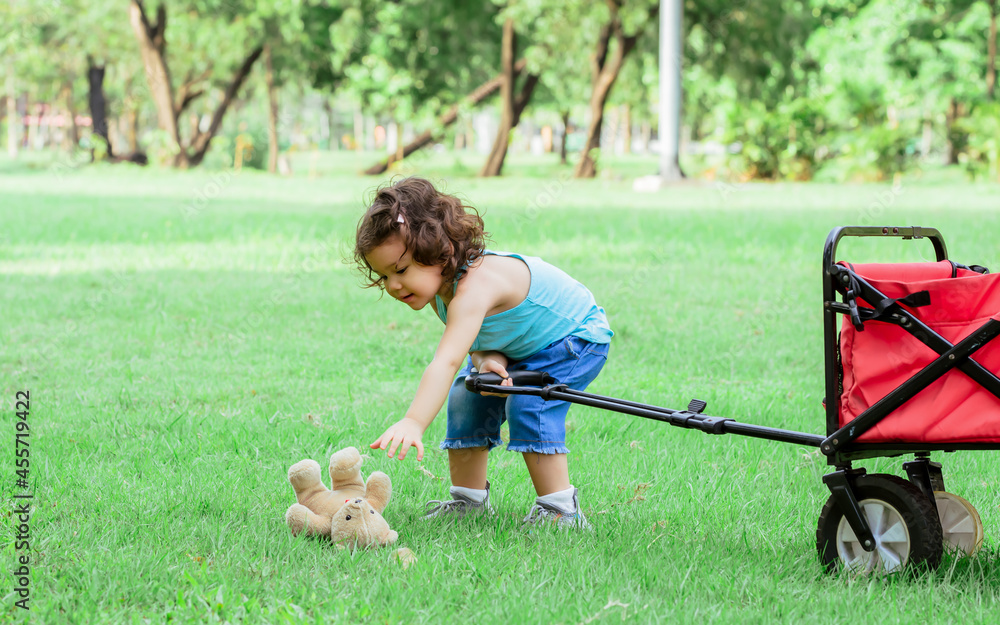 Caucasian little cute curly hair girl wearing blue shirt dragging or pushing red cart and pick up doll while playing in outdoor green park in weekend. Education Concept.