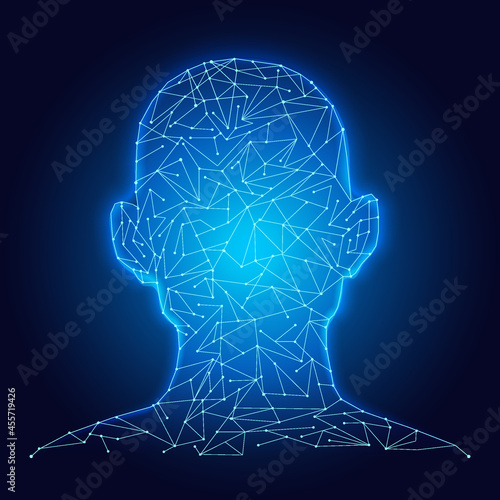 Human head made of futuristic blue polygonal lines and dots.