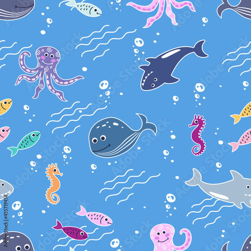 whales, sharks, octopuses and seahorses. Childish background of cute inhabitants of the seas and oceans.
