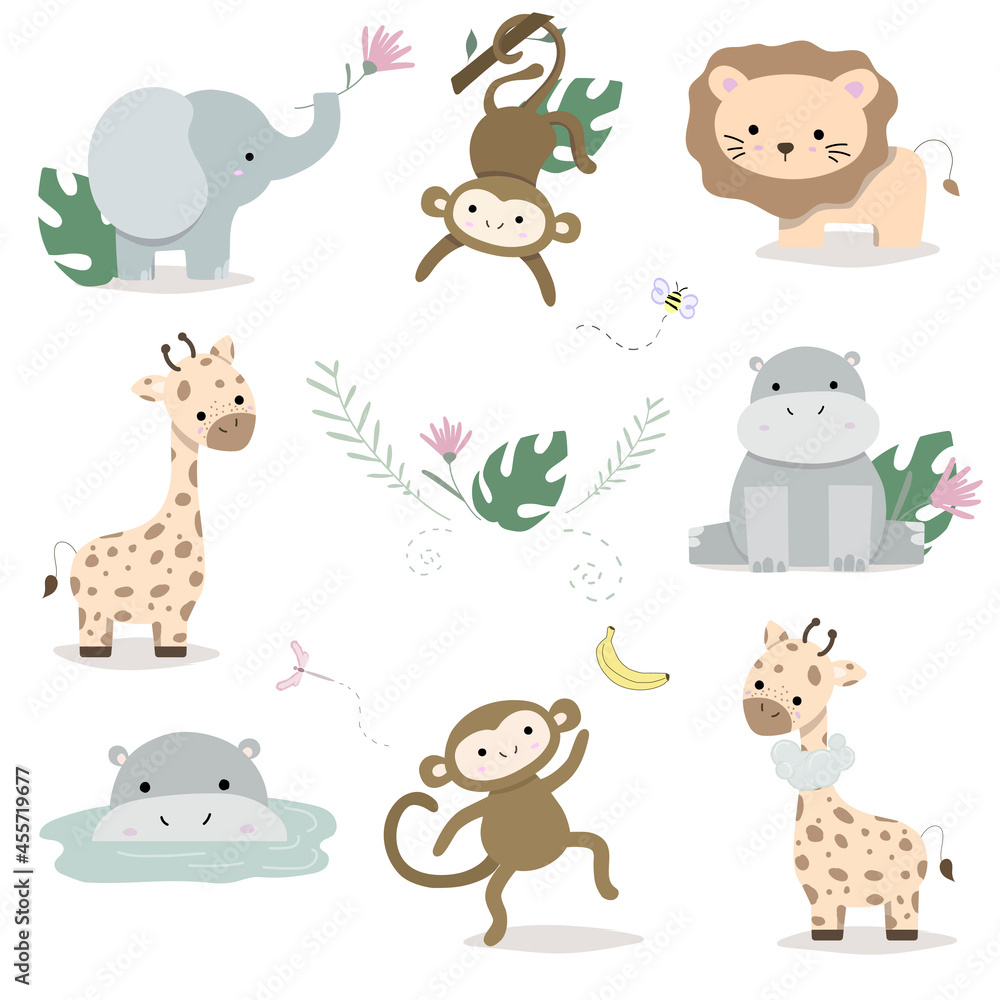 Fototapeta premium Cute animals set in cartoon style: hippo, lion, giraffe, elephant. Perfect for children.