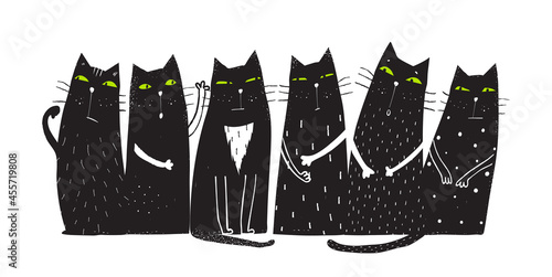 Cute and funny cats sitting together in a row looking with green eyes. Humorous domestic cats design for t shirt prints and other projects. Vector hand drawn cartoon.
