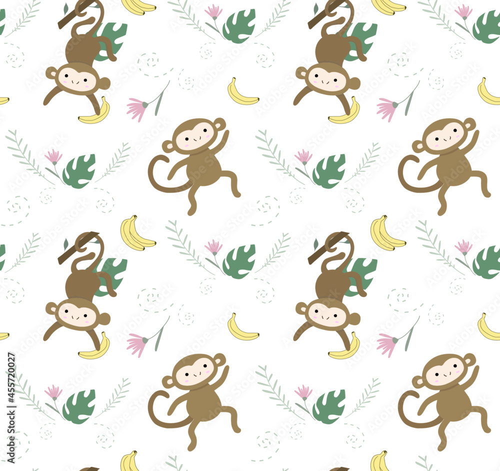 Fototapeta premium Seamless pattern with cute monkey in cartoon style. Perfect for children