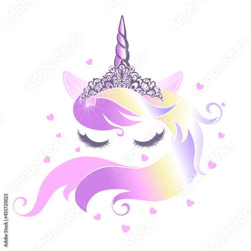 Cute unicorn face with closed eyes wearing a rainbow mane tiara.