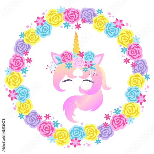 Face of a unicorn with closed eyes and a wreath of flowers. Vector illustration isolated on white background.