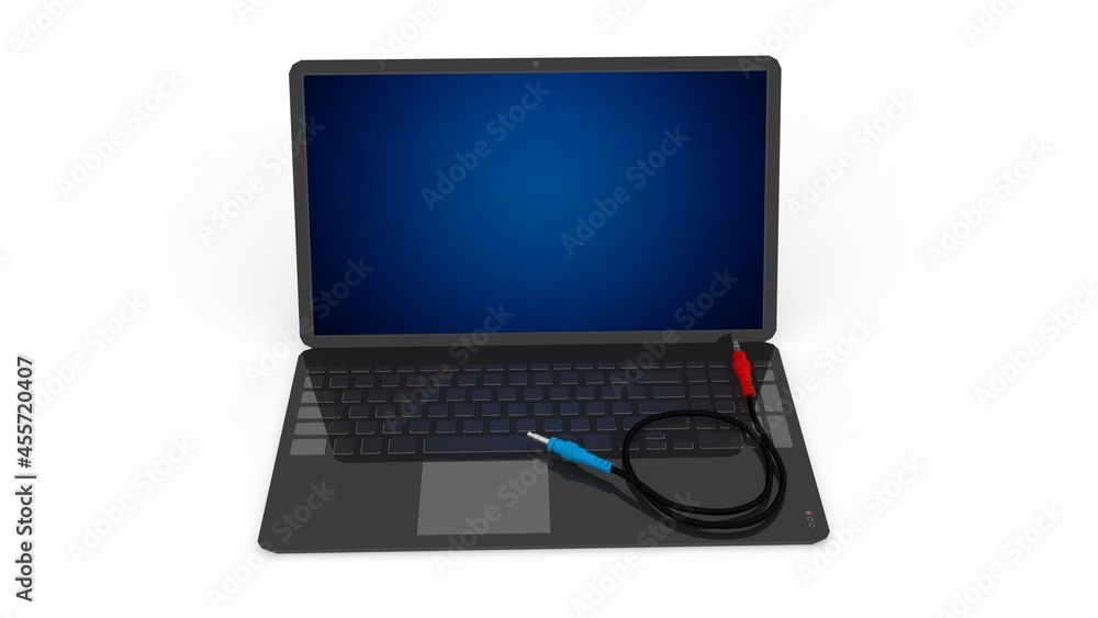 3d illustration laptop computer with aux rj 45 cables
3d illustration laptop computer with aux rj 45 cables
