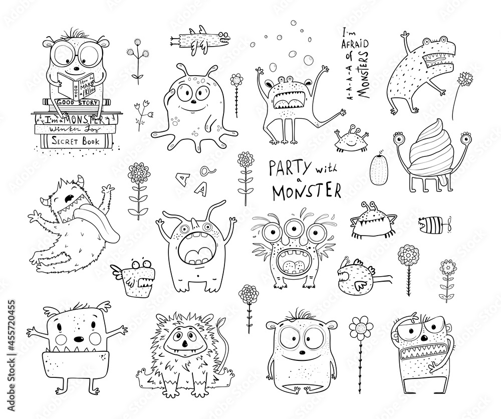 Funny cute alien monsters collection for children, adorable monochrome characters set for kids activity book, coloring pages. Black and white outline fantasy cartoons for coloring book.