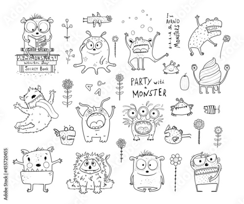 Funny cute alien monsters collection for children, adorable monochrome characters set for kids activity book, coloring pages. Black and white outline fantasy cartoons for coloring book.