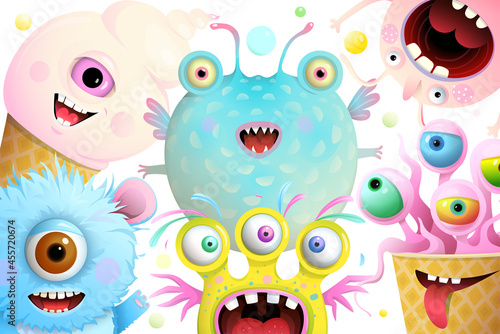 Funny monsters and imaginary creatures background for greeting card or festival invitation. Kids cute cartoon characters background. Vector illustration.