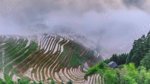 Yaoshan Mountain, Guilin, China hillside rice terraces landscape. (time-lapse) photo