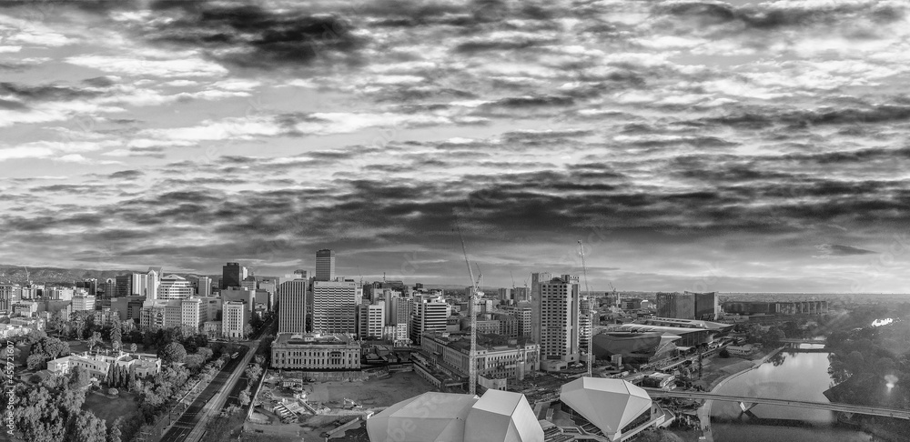 Stunning aerial panoramic view of Adelaide skyline at sunset in black and white, South Australia