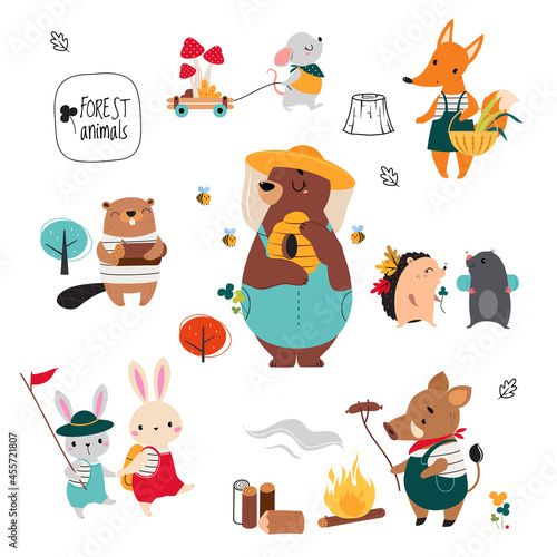 Cute Forest Animal Hiking with Backpack and Beekeeping Vector Set