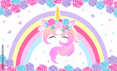 Fantasy blue and pink background with the head of a magical unicorn with closed eyes, rainbow, hearts and stars.