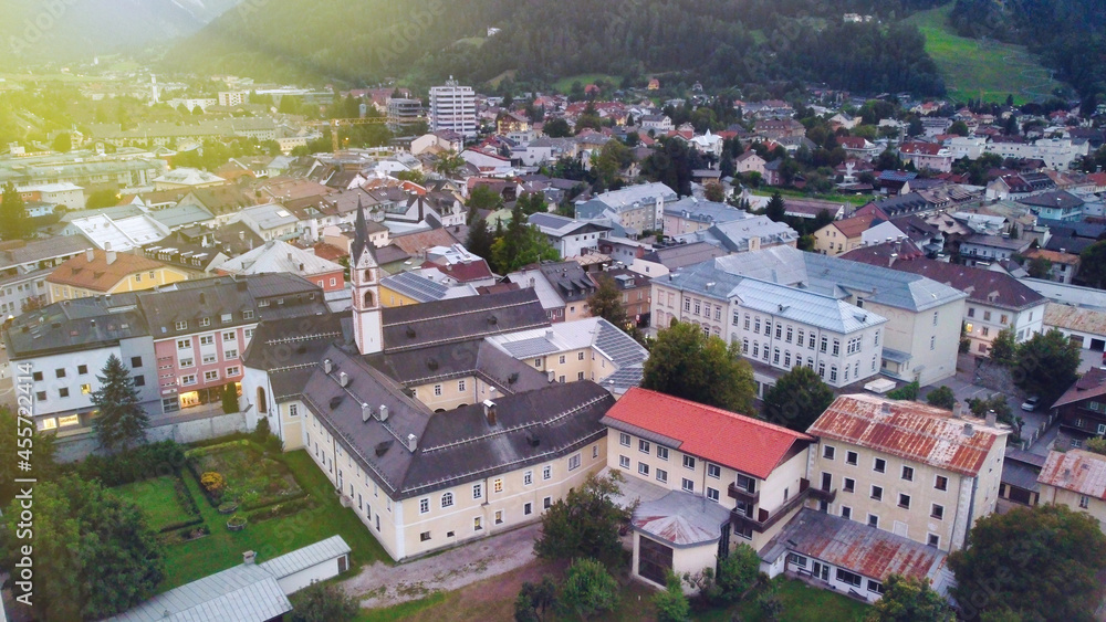 Aerial view of Lienz skyline from a drone at night, Austria.
