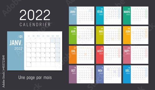 Calendrier Agenda 2022 couleur. Une page par mois.