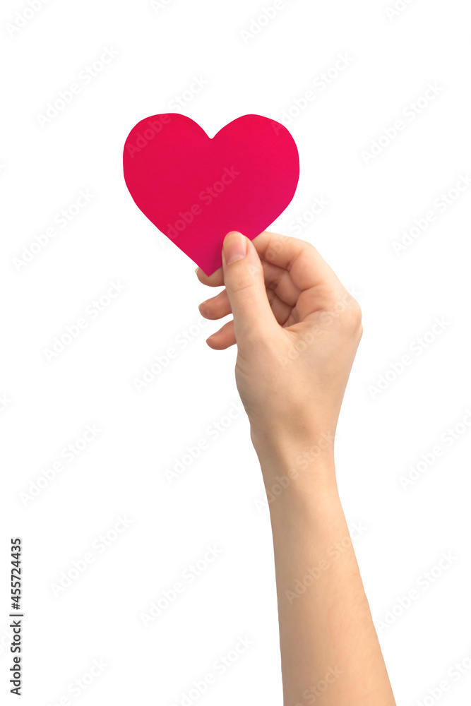 Heart speech bubble in female hand, isolated on a white background. Text message, giving feedback concept photo Heart speech bubble in female hand, isolated on a white background. Text message, giving feedback concept photo