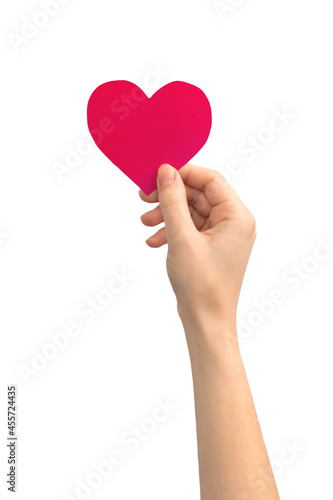 Heart speech bubble in female hand, isolated on a white background. Text message, giving feedback concept photo