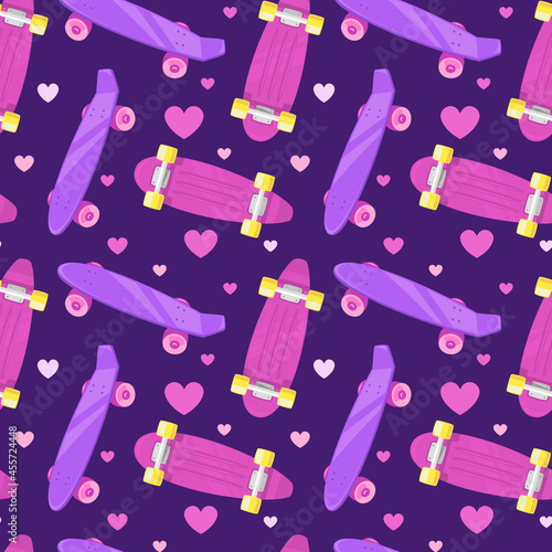 Vector Girlish Illustration of Penny Skateboard with Pink Heart. Skateboarding Seamless Pattern with Cartoon Skate Board. Flat Style Skate Background