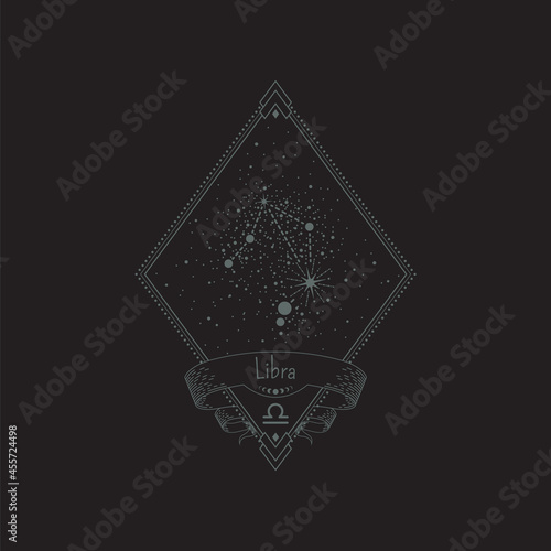 Sketch tattoo libra constellation with title in a retro frame. Vector linear isolated diamond-shaped astrological illustration with rhombus, star system, ribbon and zodiac sign for print