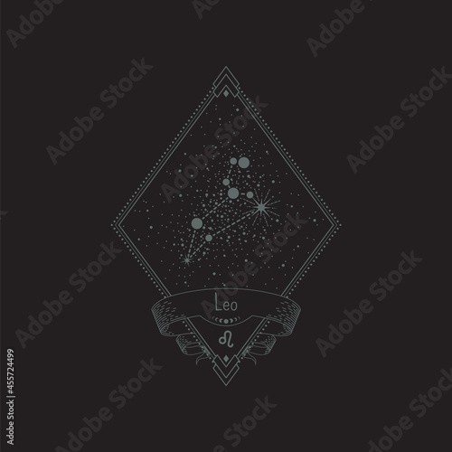 Sketch tattoo leo constellation with title in a retro frame. Vector linear isolated diamond-shaped astrological illustration with rhombus, star system, ribbon and zodiac sign for print