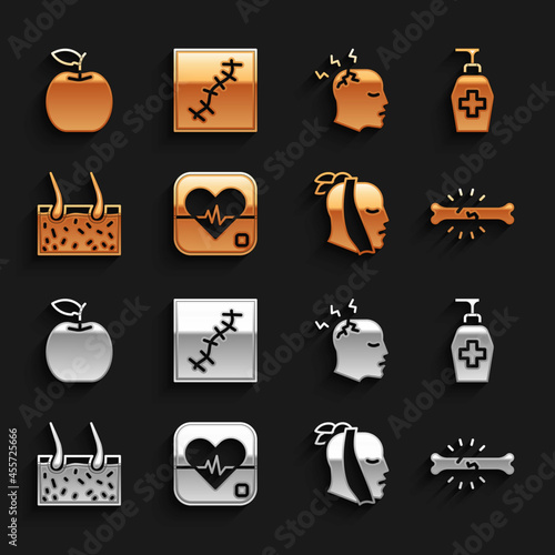 Set Heart rate, Liquid antibacterial soap, Bone pain, Toothache, Hair covering skin, Man having headache, Apple and Scar with suture icon. Vector