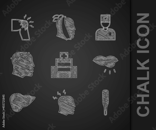 Set Medical hospital building, Man having headache, thermometer, Herpes lip, Hepatitis virus, Psoriasis or eczema rash, Male doctor and Joint pain, knee pain icon. Vector
