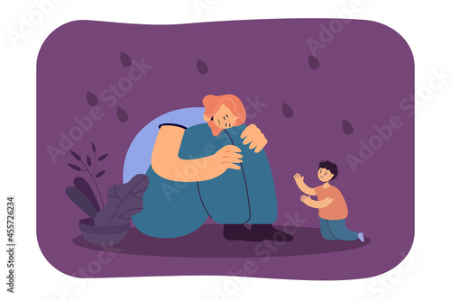 Tired cartoon mother sitting on floor ignoring baby. Sad child reaching out for mom flat vector illustration. Postnatal depression, mental health concept for banner, website design or landing page
