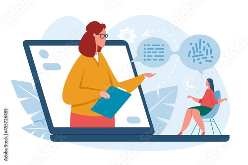 Online therapy, psychological counseling, psychotherapy session via internet. Therapist talking with patient in video chat vector concept. Virtual professional treatment consultation
