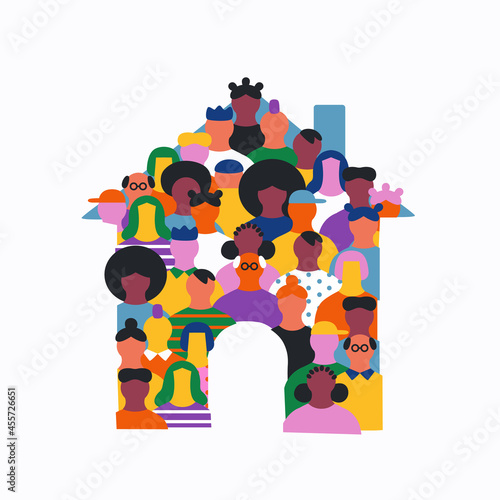 Diverse people cartoon house shape team isolated