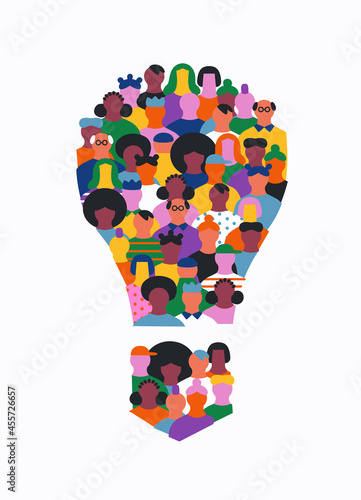 Diverse people cartoon light bulb team idea